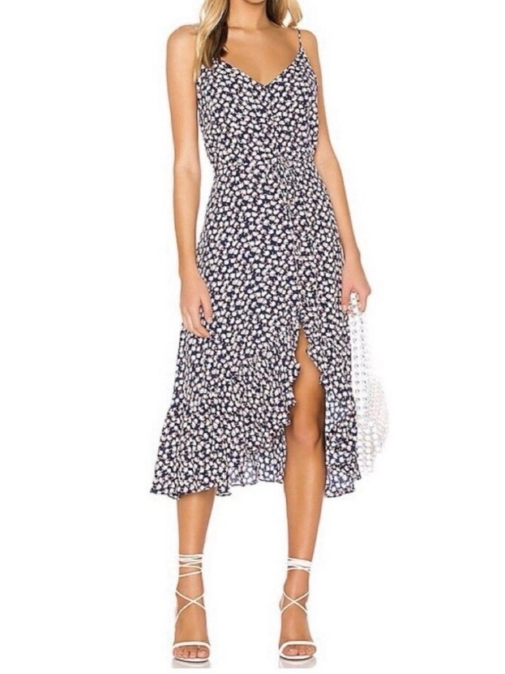 Rails Blue Floral Midi Dress High Low Hem Tie Waist Ruffle Spaghetti Strap